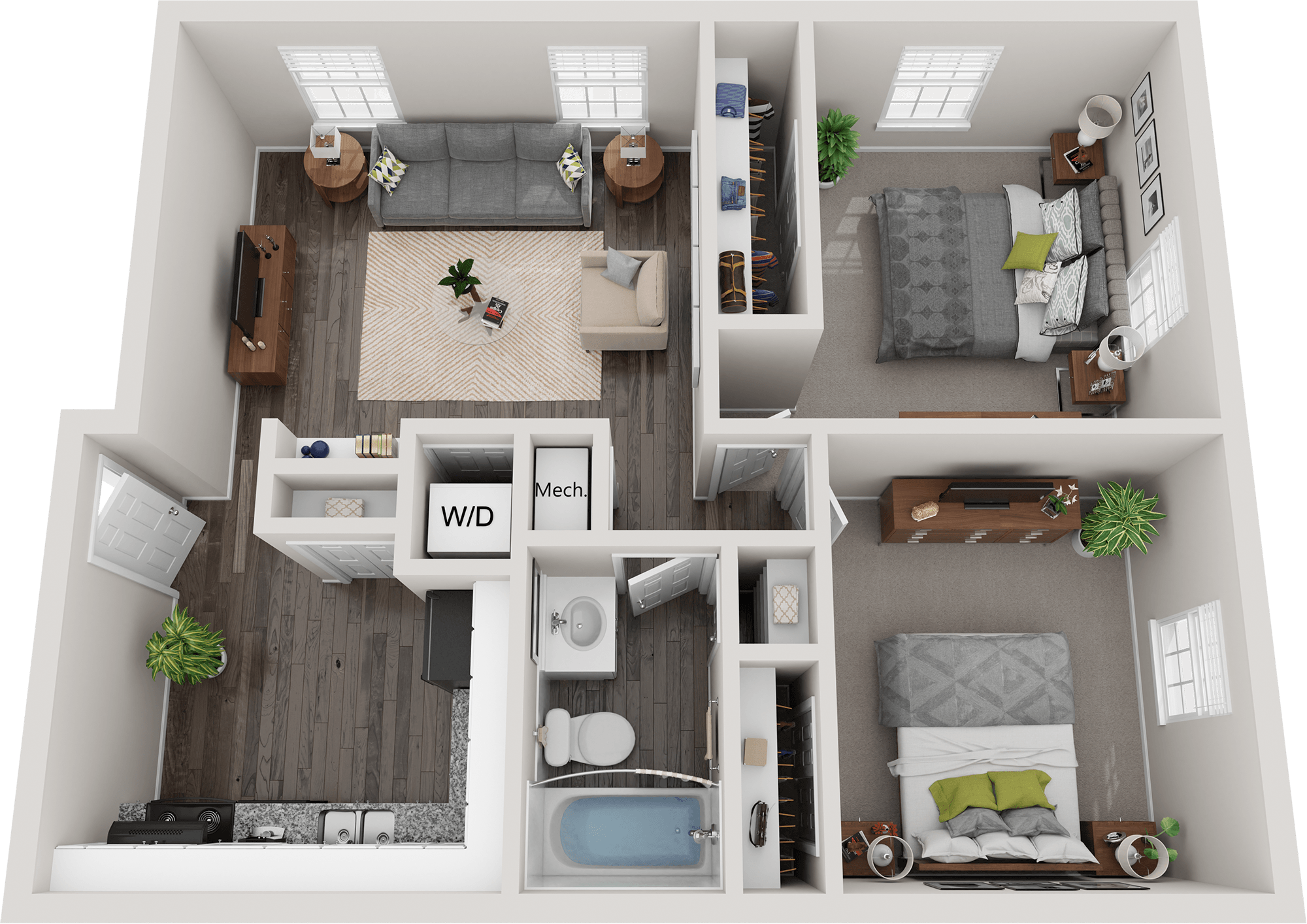 Floor plan for 2 beds, 1 bath, 840 sqft
